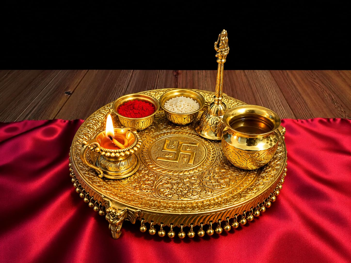 Brass Pooja Thali Set with Diya, Ghanti, 2 Katoris & Lota | Traditional Hindu Aarti Combo